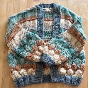 Altar'd State Chunky Stripe Cardigan in Teal, Cream & Tan